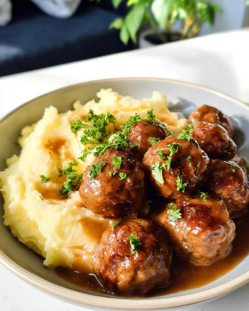 A close-up of Salisbury steak meatballs smothered in gravy, served with creamy garlic herb mashed potatoes and garnished with parsley.