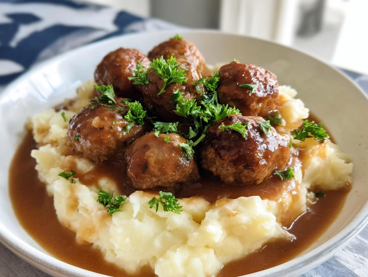A close-up of Salisbury steak meatballs served over creamy garlic herb mashed potatoes, garnished with fresh parsley.