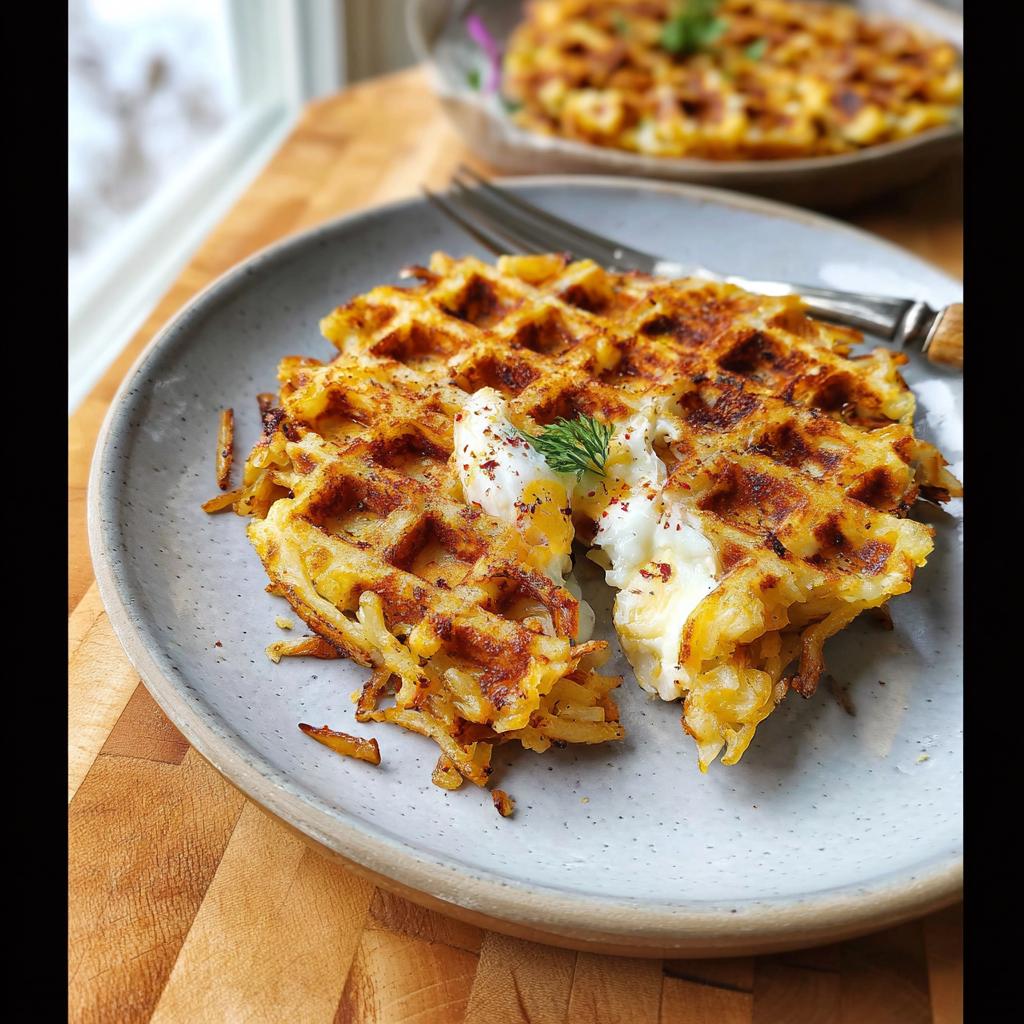 A golden brown Savory Hashbrown Chaffle topped with a runny egg and dill.