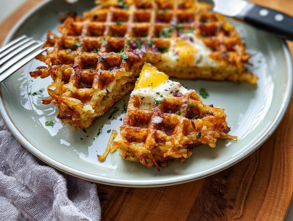 A slice of savory hashbrown chaffle topped with a fried egg, red onion, and parsley.