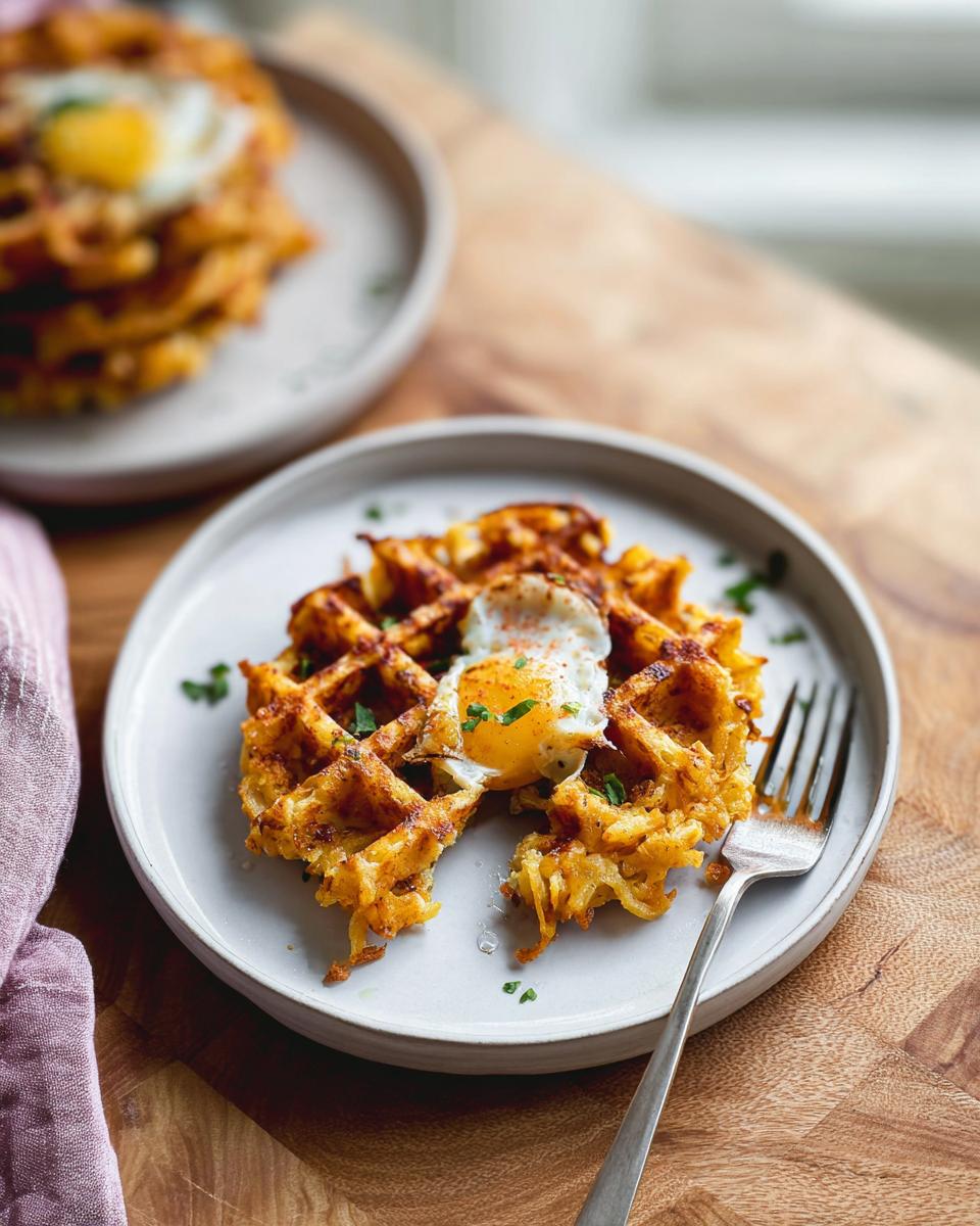 A golden brown savory hashbrown chaffle topped with a perfectly fried egg and sprinkled with parsley.
