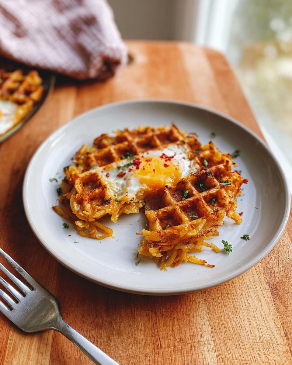 A golden-brown savory hashbrown chaffle topped with a perfectly fried egg and fresh parsley.