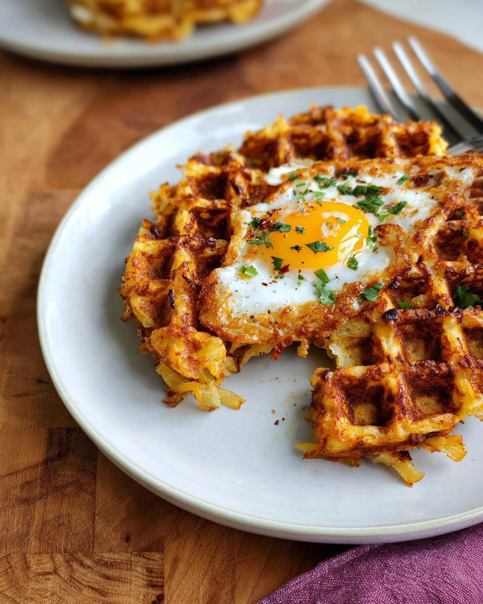 A golden-brown Savory Hashbrown Chaffle topped with a perfectly fried egg and fresh parsley.