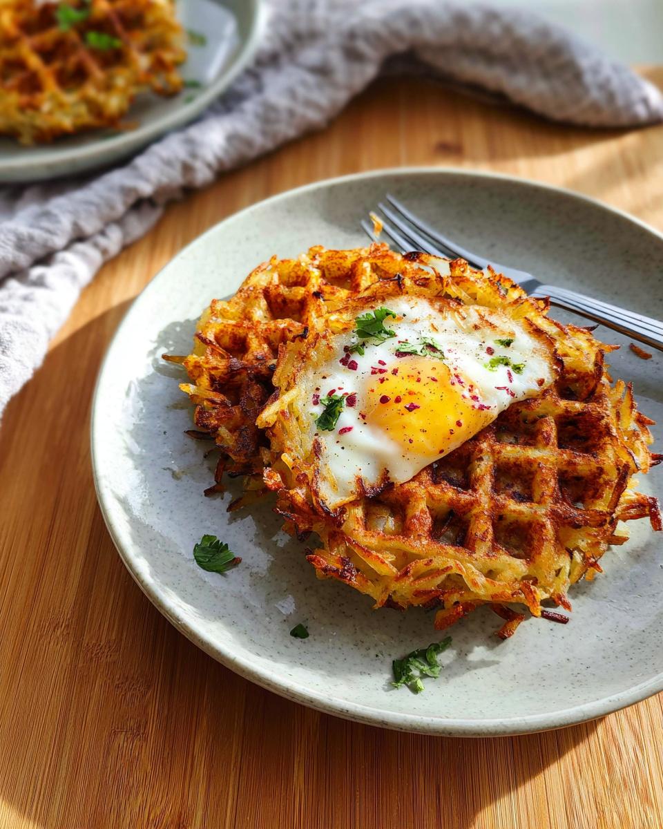 A golden-brown savory hashbrown chaffle topped with a perfectly fried egg and fresh parsley.