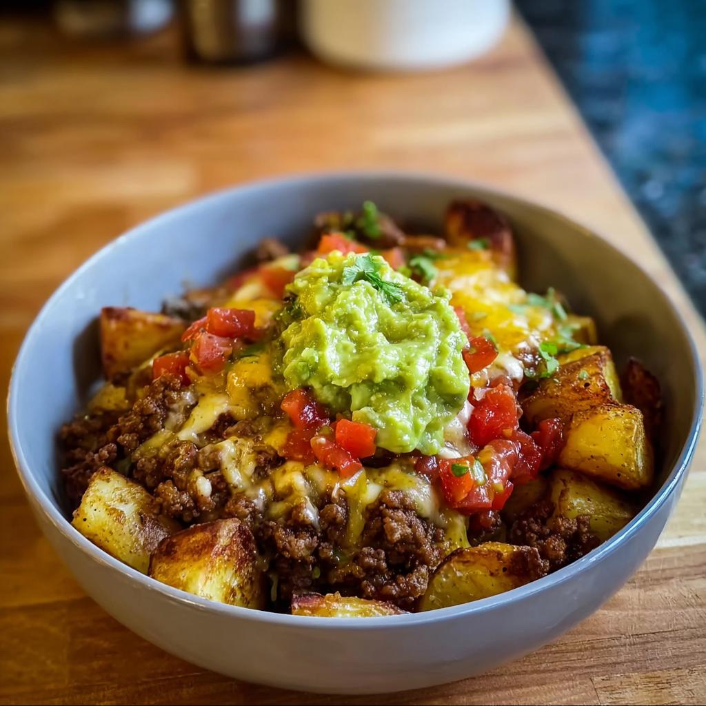 A delicious Schnelle Kartoffel Taco Bowl Meal Prep with seasoned ground beef, melted cheese, diced tomatoes, and guacamole.