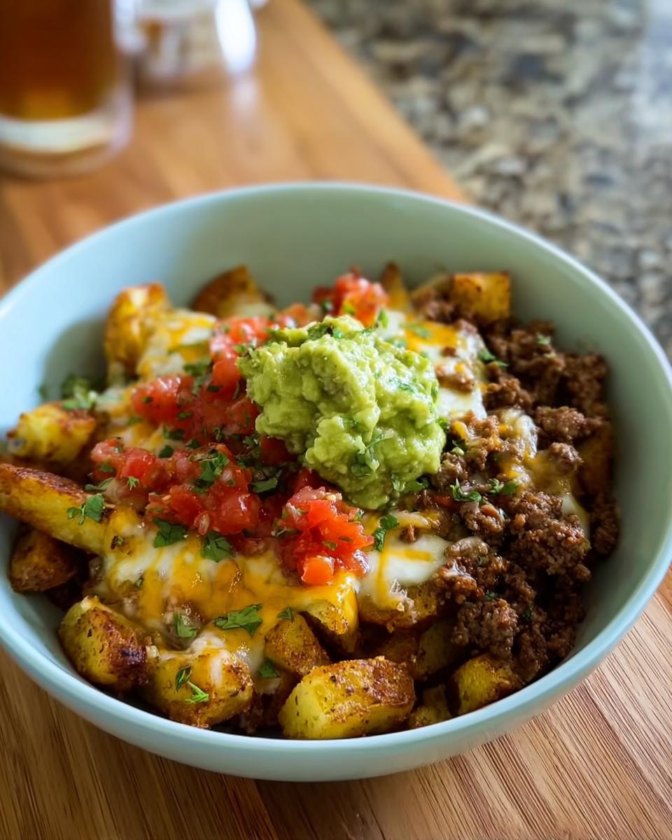 A close-up of a Schnelle Kartoffel Taco Bowl Meal Prep with seasoned potatoes, ground meat, melted cheese, pico de gallo, and guacamole.