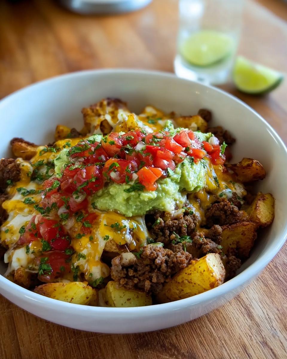 A close-up of a Schnelle Kartoffel Taco Bowl Meal Prep with potatoes, seasoned ground meat, melted cheese, guacamole, and pico de gallo.