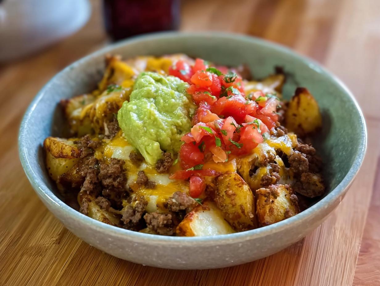 A bowl of Schnelle Kartoffel Taco Bowl Meal Prep with seasoned potatoes, ground beef, melted cheese, guacamole, and pico de gallo.