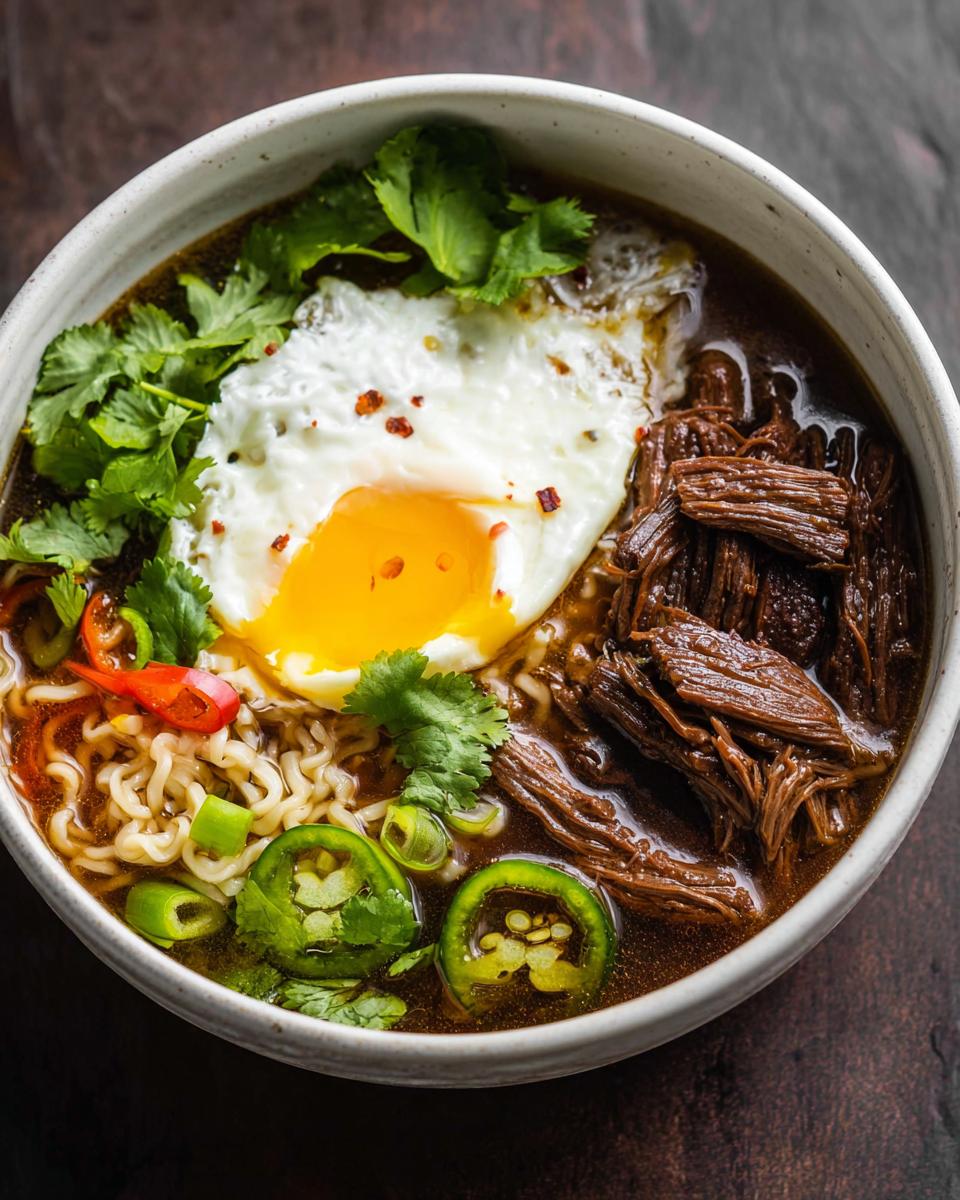A close-up of a bowl of Slow Cooker Beef Ramen Noodles topped with a fried egg, shredded beef, cilantro, jalapeños, and chili flakes.