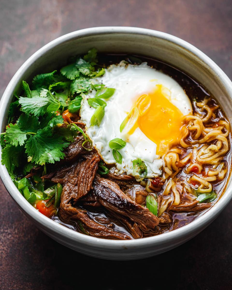 A bowl of Slow Cooker Beef Ramen Noodles topped with a fried egg, fresh cilantro, and green onions.