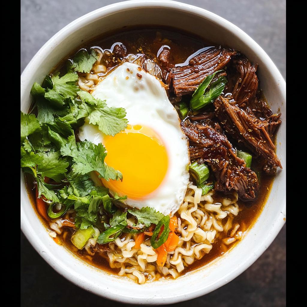 A bowl of Slow Cooker Beef Ramen Noodles topped with a sunny-side-up egg, shredded beef, cilantro, and green onions.