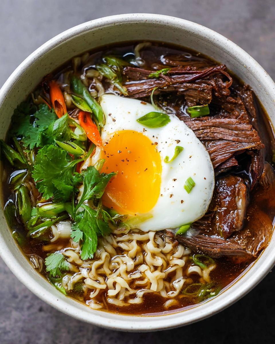 A close-up of a bowl of Slow Cooker Beef Ramen Noodles topped with a perfectly cooked fried egg and fresh green onions.