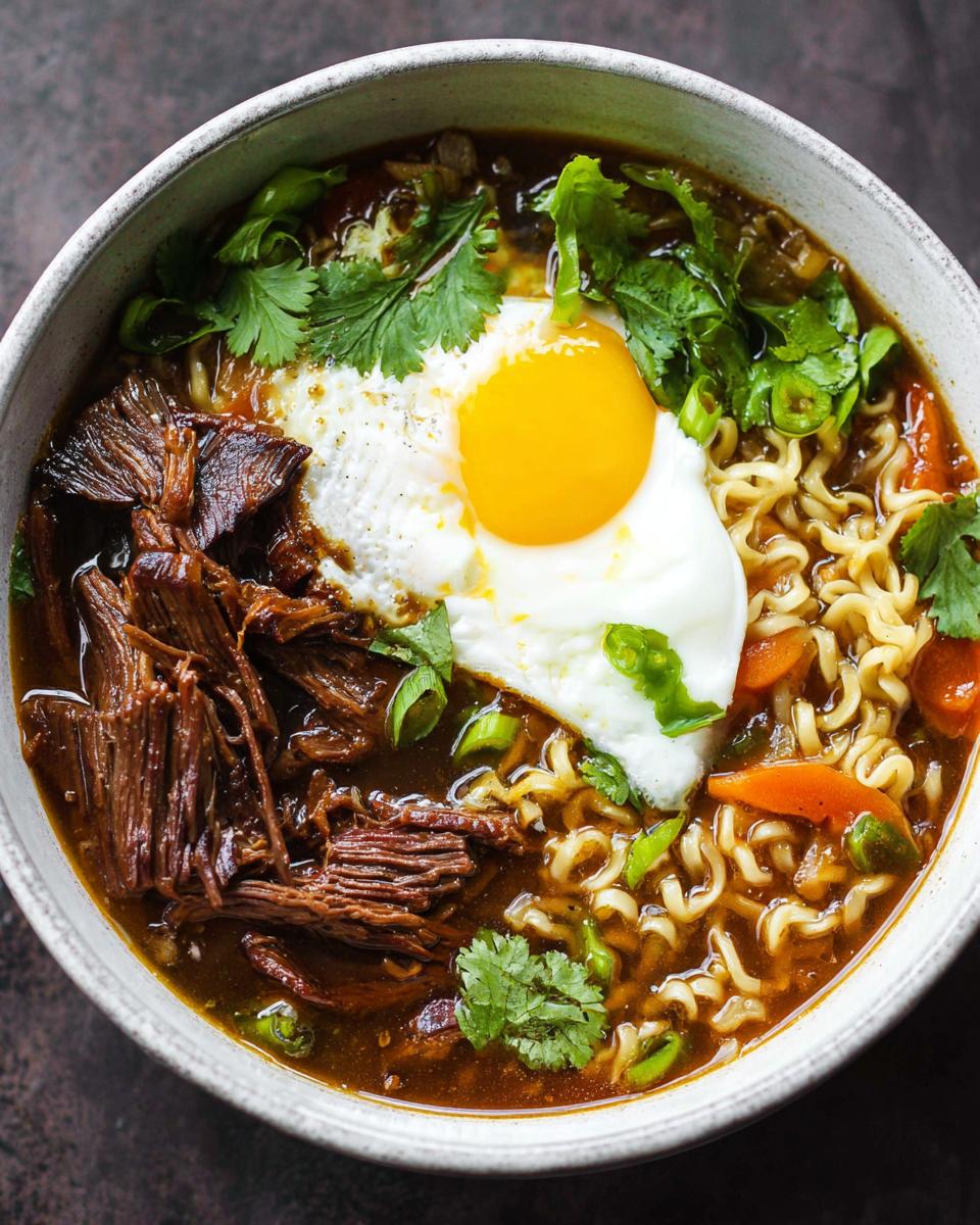A bowl of Slow Cooker Beef Ramen Noodles topped with a fried egg, shredded beef, cilantro, and green onions.