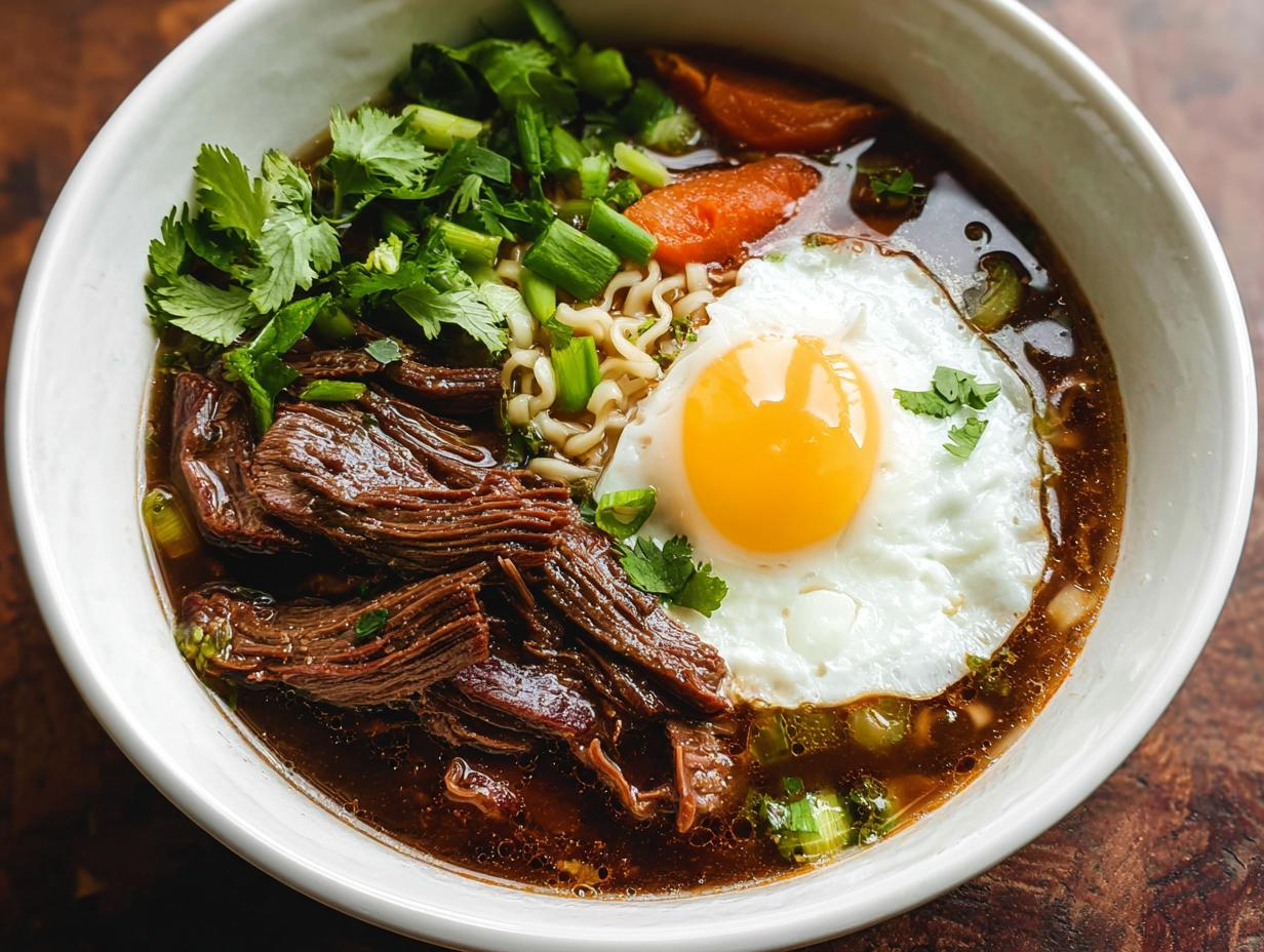 A comforting bowl of Slow Cooker Beef Ramen Noodles topped with a fried egg, shredded beef, and fresh herbs.