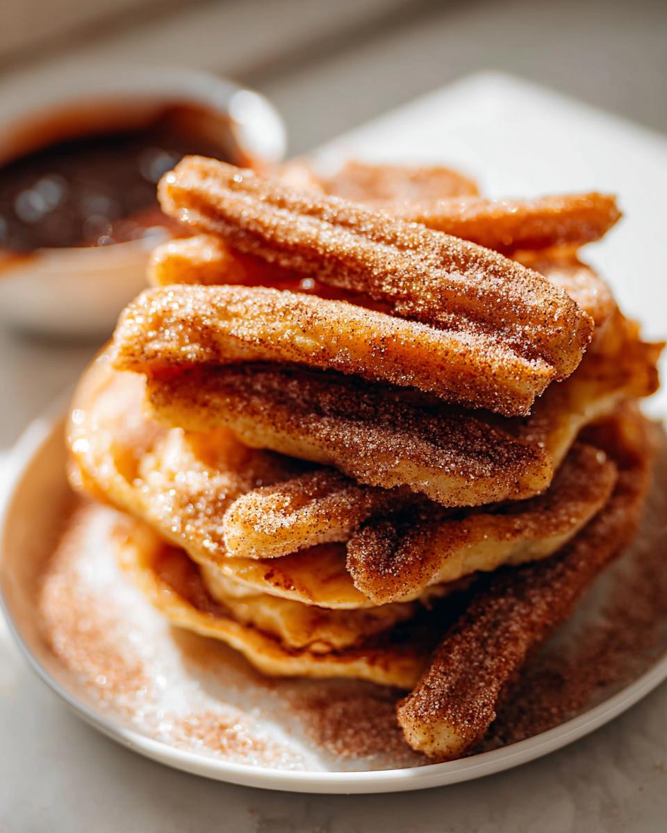 A tall stack of Irresistible Spanish Churro Pancakes, dusted with cinnamon sugar, with a side of chocolate sauce.