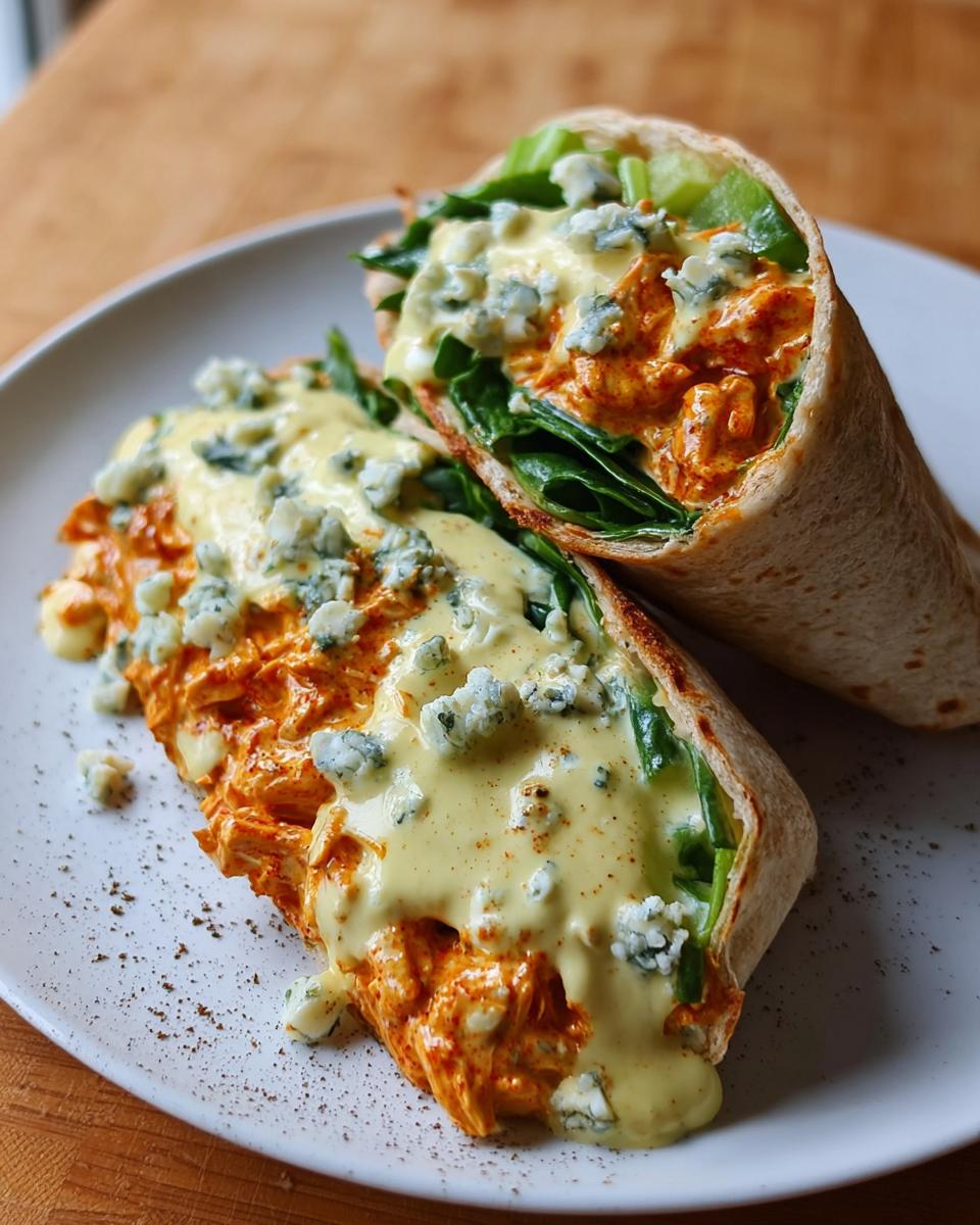 Two halves of Spicy Buffalo Chicken Wraps filled with chicken, lettuce, blue cheese, and sauce.