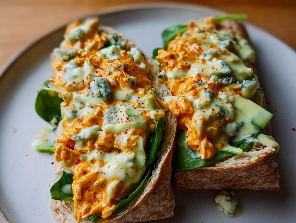 Two halves of a sandwich filled with spicy buffalo chicken, blue cheese, and spinach.
