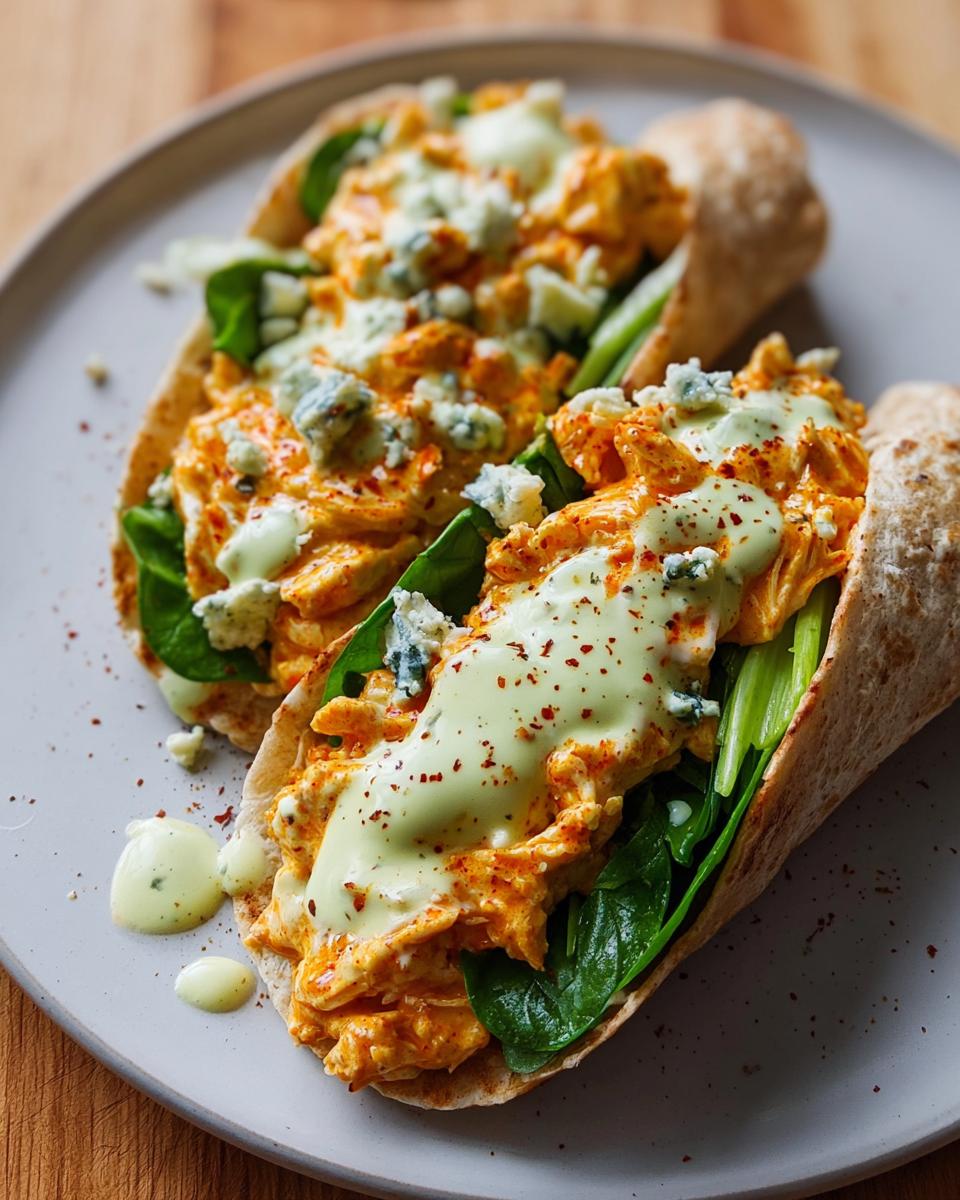 Two spicy buffalo chicken wraps filled with shredded chicken, spinach, celery, blue cheese, and a creamy sauce.