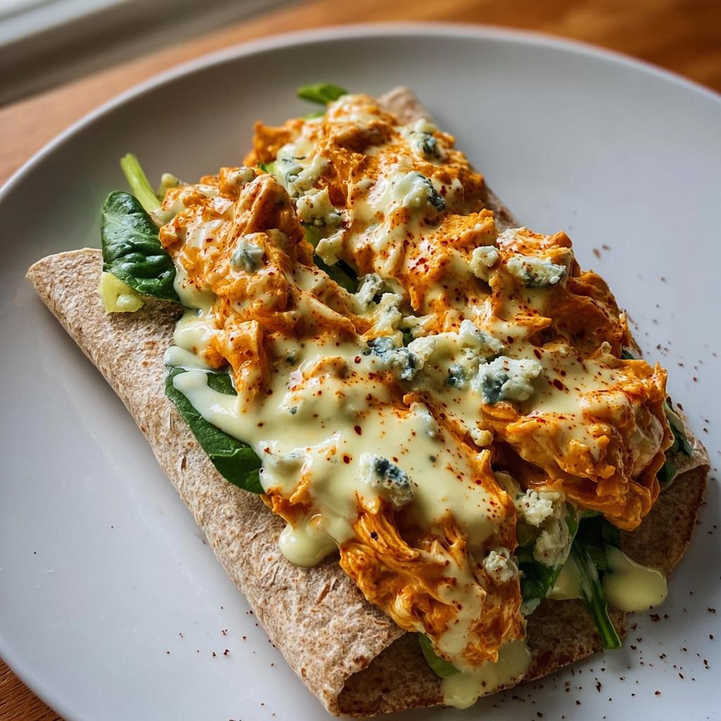 A close-up of a Spicy Buffalo Chicken Wrap for Two, filled with shredded chicken, blue cheese, and spinach, drizzled with sauce.