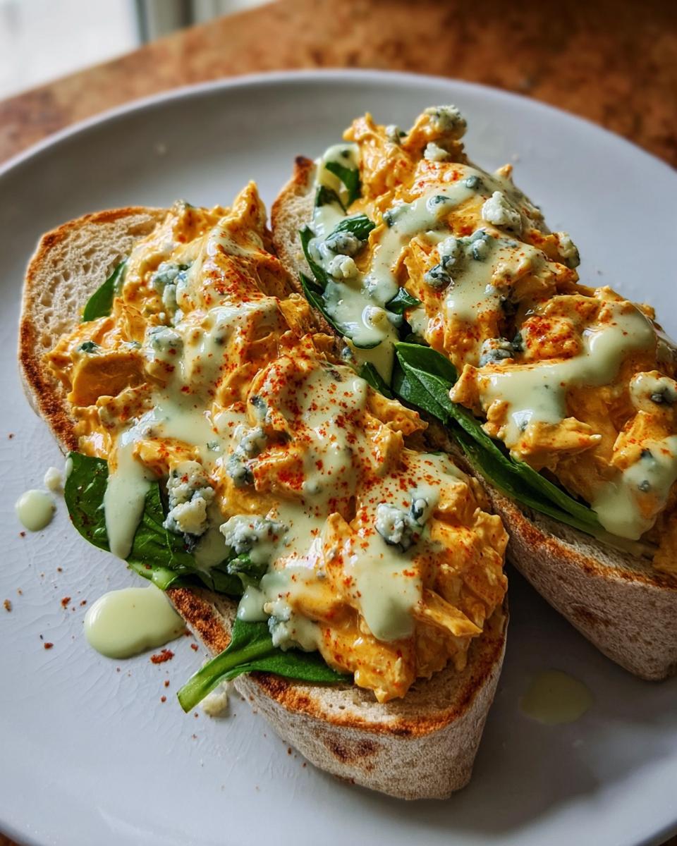 Two slices of toasted bread topped with spicy buffalo chicken, blue cheese crumbles, and a drizzle of sauce, part of Spicy Buffalo Chicken Wraps for Two.