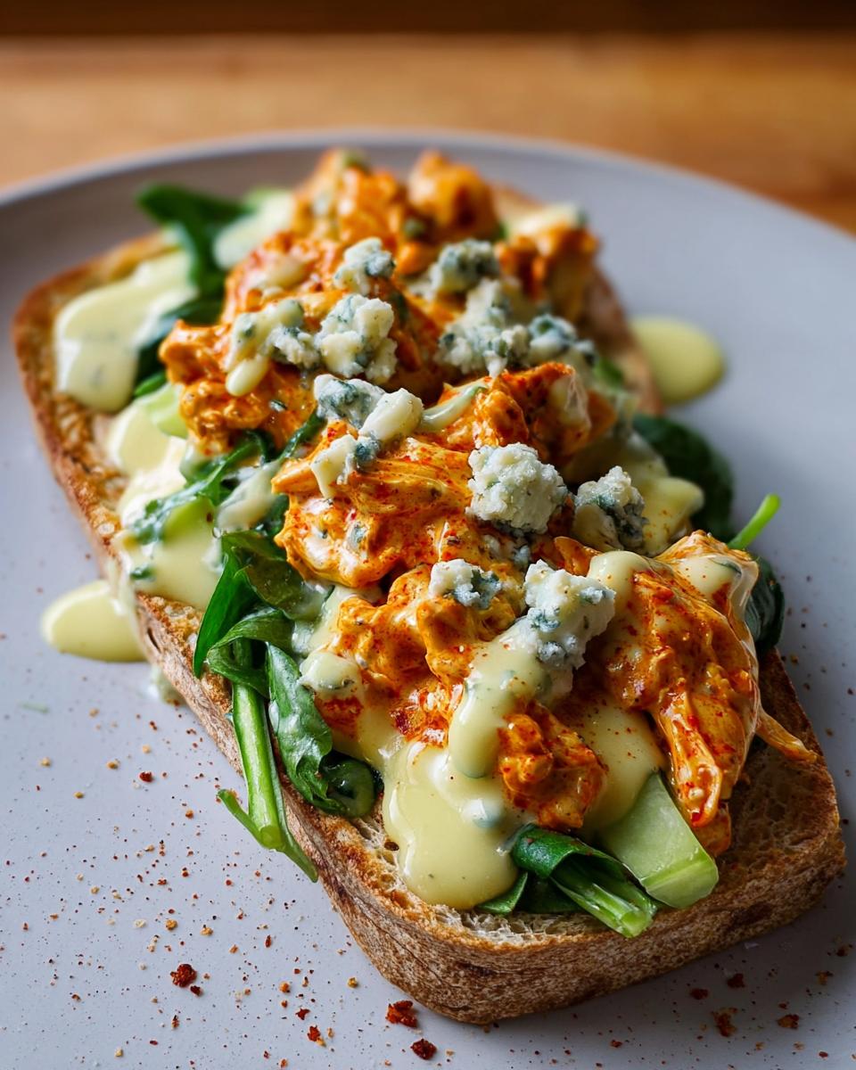 Close-up of spicy buffalo chicken topping with blue cheese crumbles and creamy sauce on toast.
