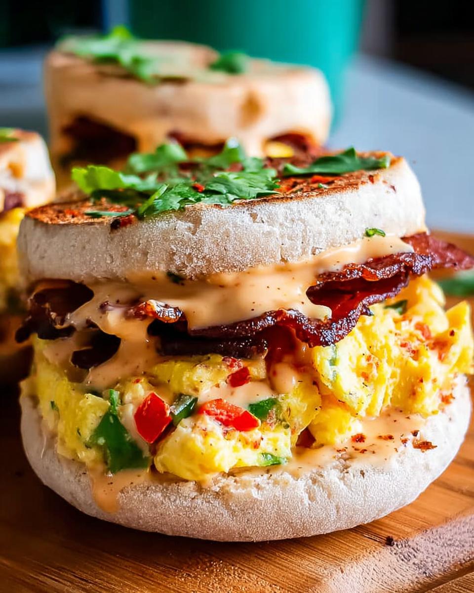 Close-up of a Spicy Chipotle Egg Breakfast Sandwich with scrambled eggs, bacon, and chipotle sauce on an English muffin.