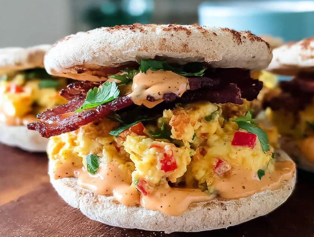 Close-up of a Spicy Chipotle Egg Breakfast Sandwich with scrambled eggs, bacon, and chipotle sauce on an English muffin.