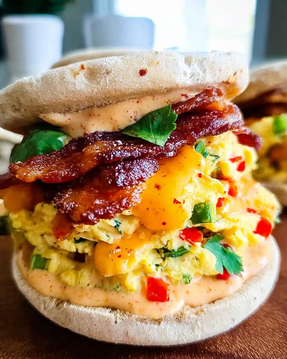 A close-up of a Spicy Chipotle Egg Breakfast Sandwich with fluffy scrambled eggs, crispy bacon, cheese, and a creamy sauce on an English muffin.
