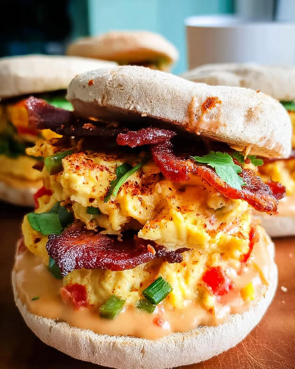 Close-up of a Spicy Chipotle Egg Breakfast Sandwich with scrambled eggs, bacon, and sauce on a muffin.