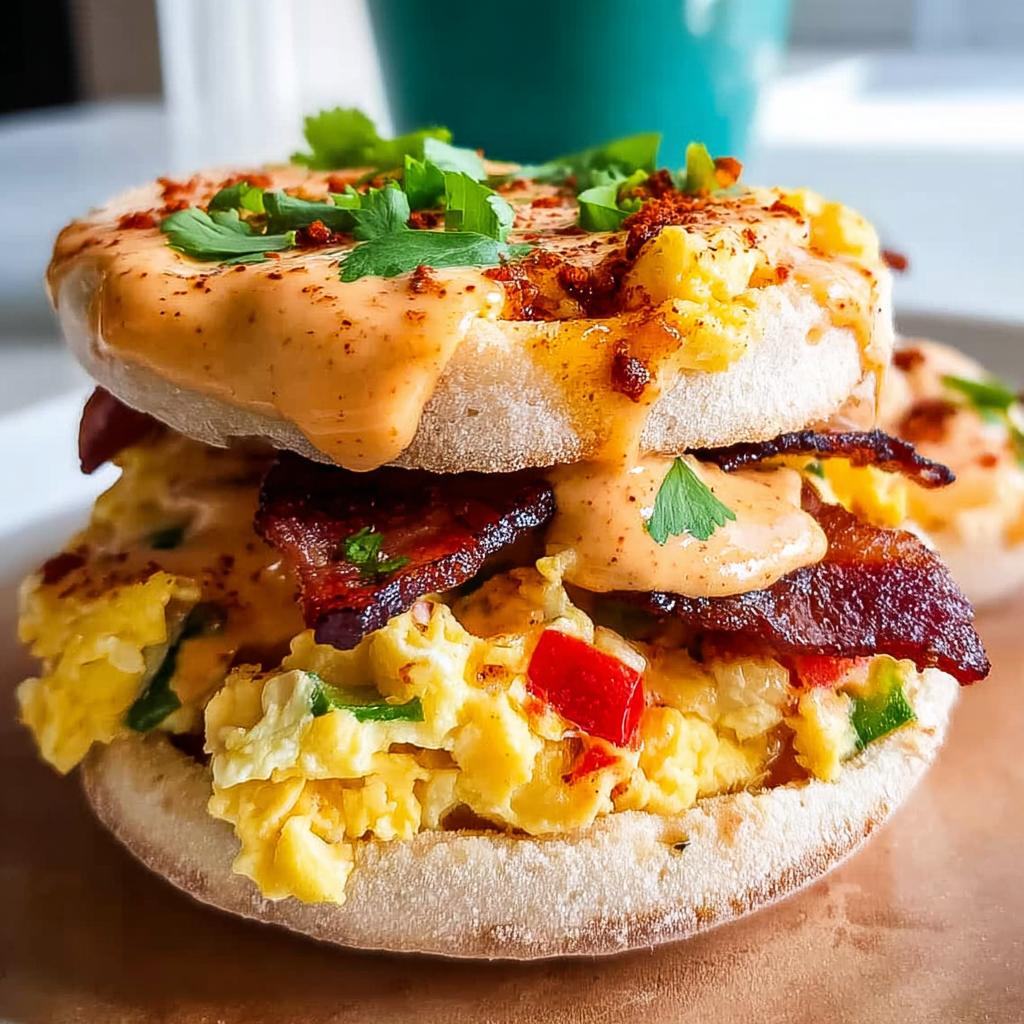 A delicious Spicy Chipotle Egg Breakfast Sandwich stacked high with scrambled eggs, bacon, and chipotle sauce.