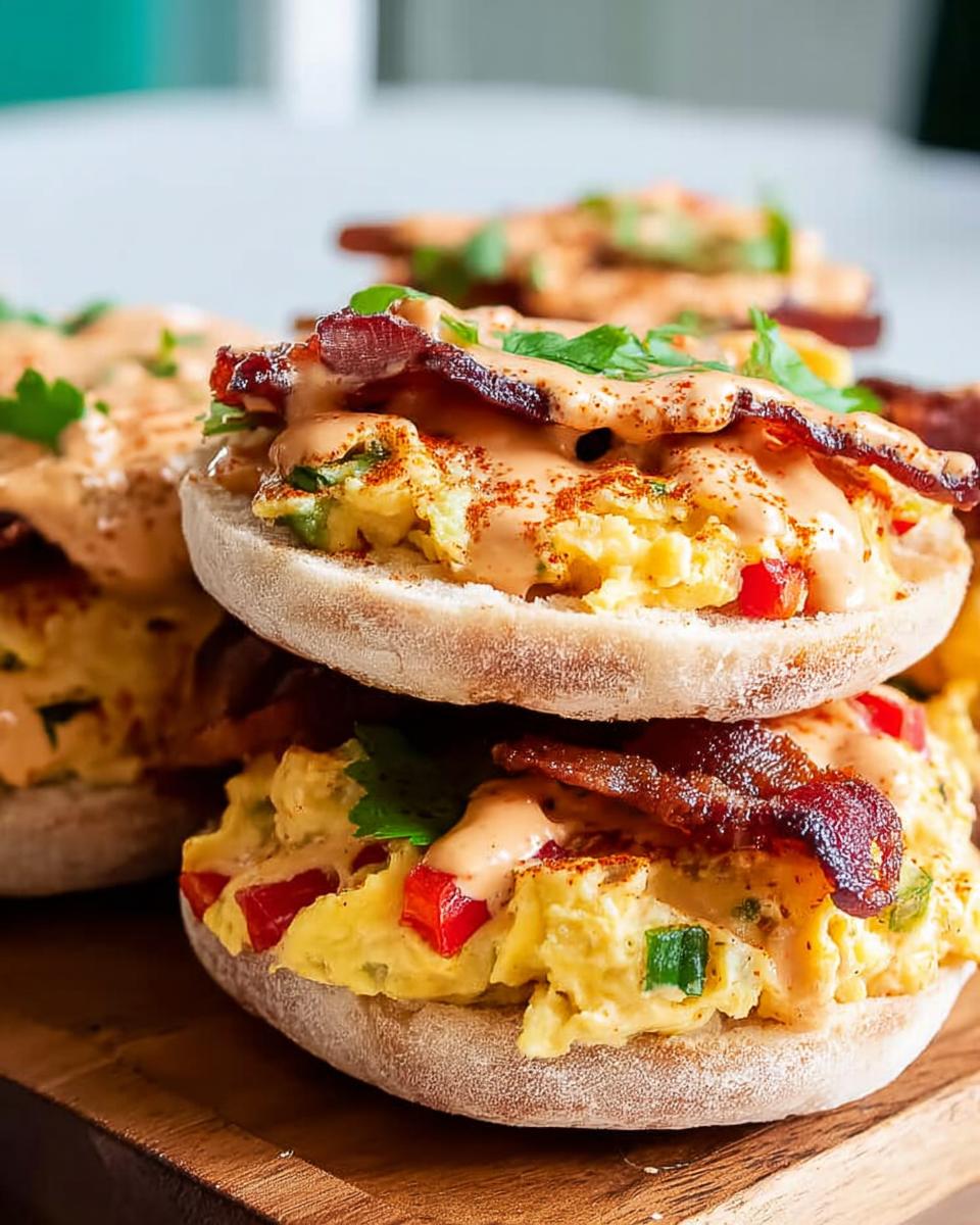 Close-up of stacked Spicy Chipotle Egg Breakfast Sandwiches on a wooden board, featuring scrambled eggs, bacon, and chipotle sauce.