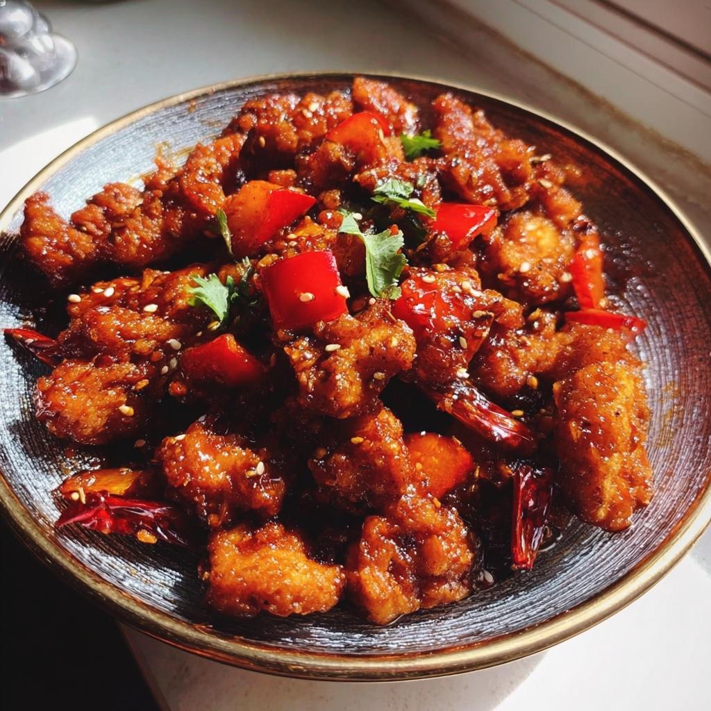 Close-up of Spicy Dragon Chicken, coated in a glossy sauce with red peppers and sesame seeds.