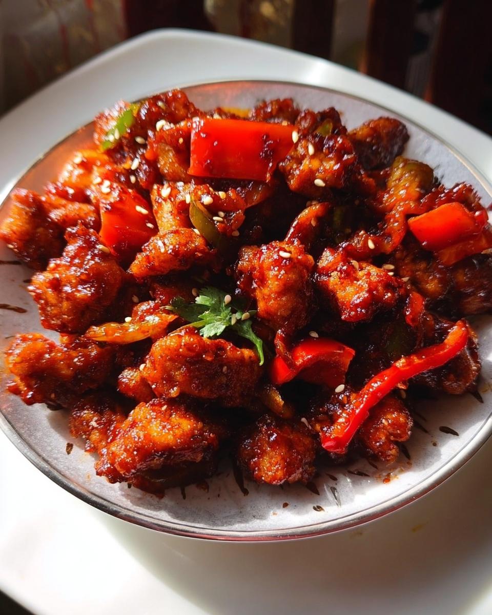 A close-up of Spicy Dragon Chicken, featuring crispy fried chicken pieces coated in a glossy, red sauce with bell peppers and sesame seeds.