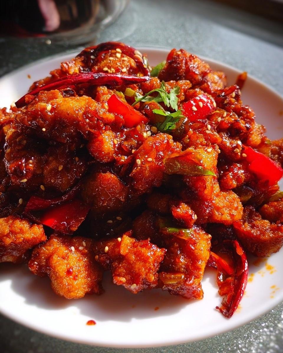 A close-up of Spicy Dragon Chicken, featuring crispy fried chicken pieces coated in a glossy, red chili sauce with sesame seeds and garnished with cilantro.