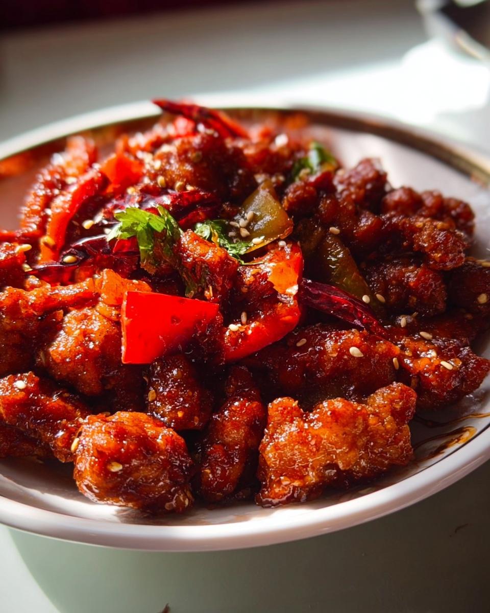 A close-up of Spicy Dragon Chicken, featuring crispy fried chicken pieces coated in a glossy, red sauce with red chilies, bell peppers, and sesame seeds.
