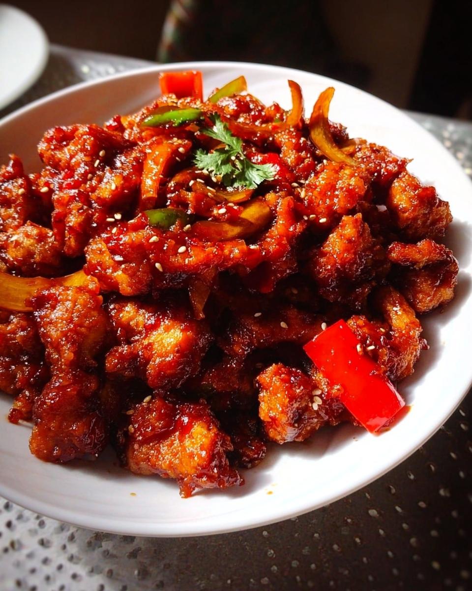 A close-up of Spicy Dragon Chicken, coated in a glossy, deep red sauce with visible sesame seeds, bell peppers, and cilantro.