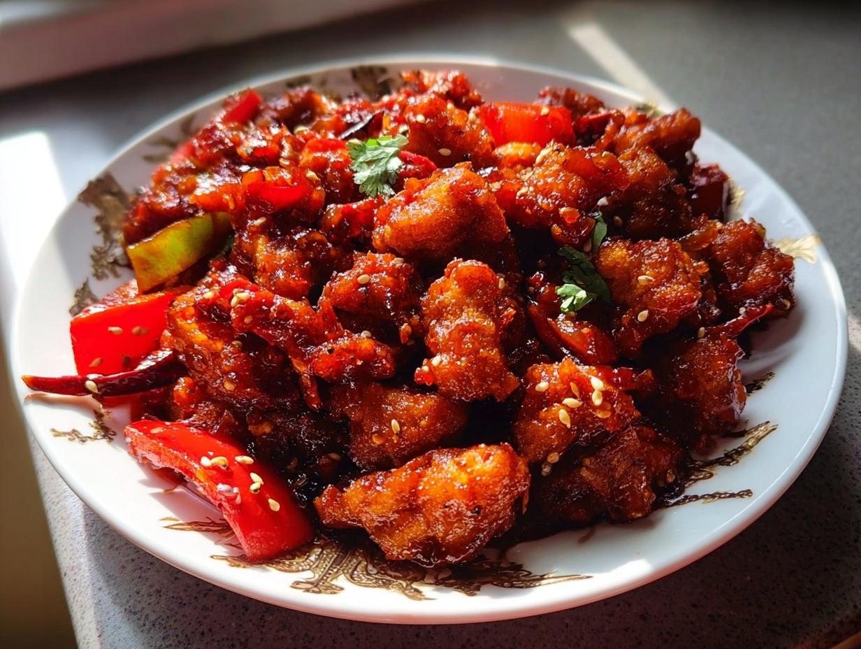 A plate of Spicy Dragon Chicken, featuring crispy fried chicken pieces coated in a glossy, spicy sauce with red peppers and sesame seeds.