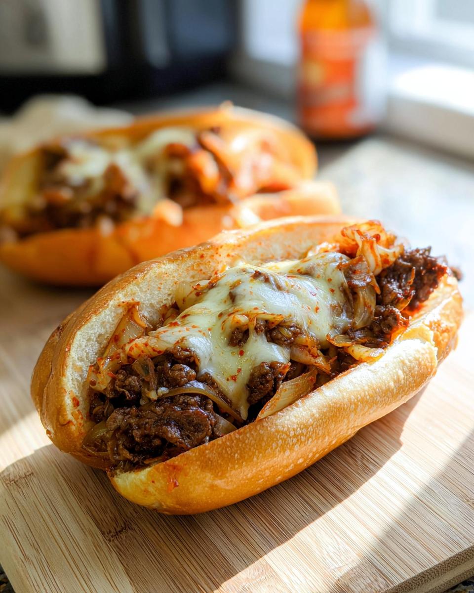 A close-up of a delicious Spicy Kimchi Bulgogi Cheesesteak sandwich filled with meat, kimchi, and melted cheese.