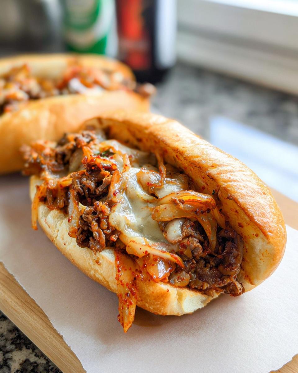 A delicious Spicy Kimchi Bulgogi Cheesesteak sandwich overflowing with meat, kimchi, and melted cheese on a toasted bun.