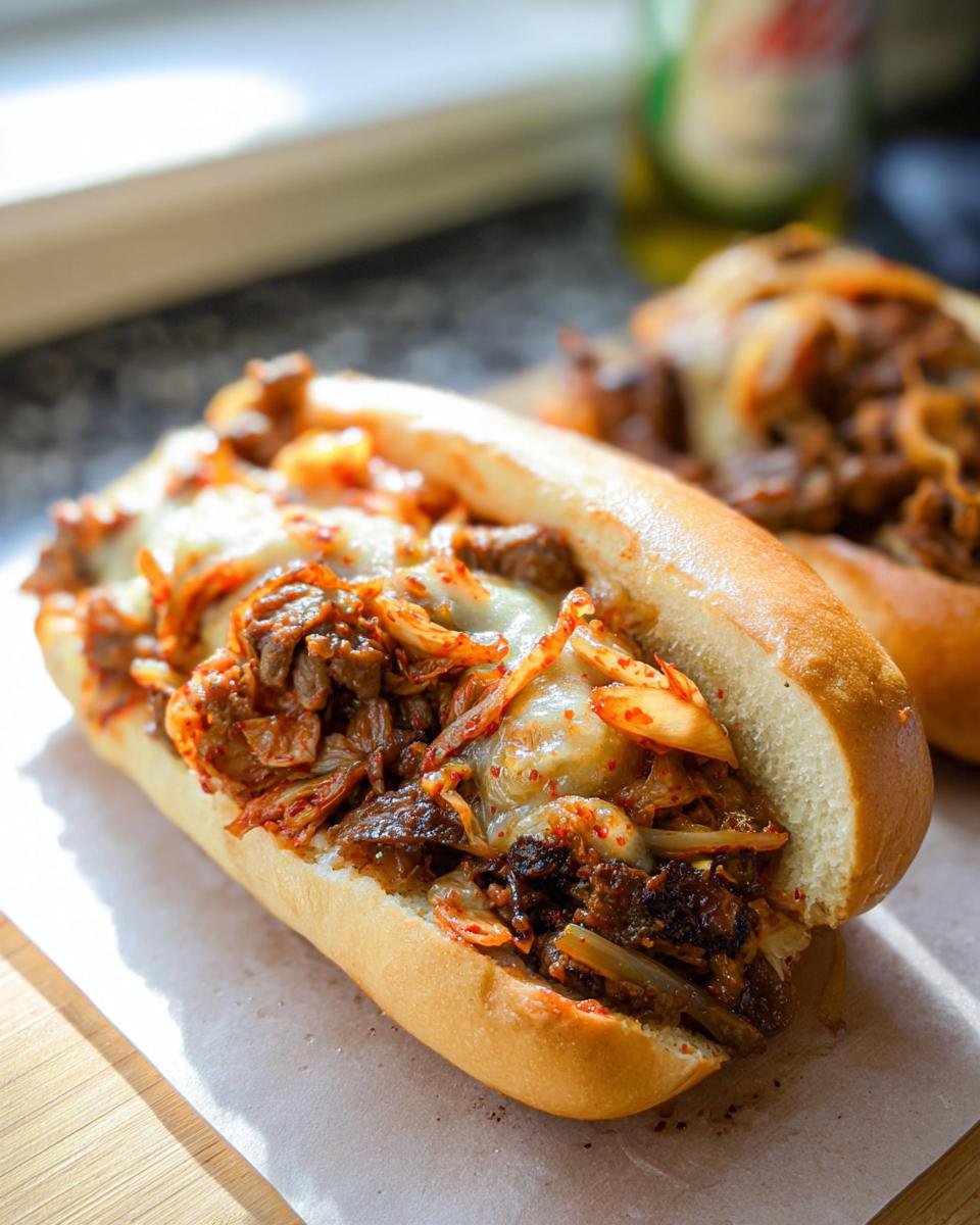 A delicious Spicy Kimchi Bulgogi Cheesesteak sandwich overflowing with marinated beef, kimchi, and melted cheese on a toasted bun.