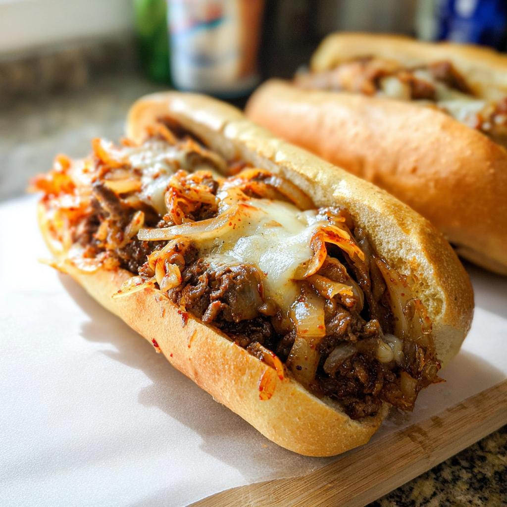 A close-up of a delicious Spicy Kimchi Bulgogi Cheesesteak sandwich overflowing with meat, kimchi, and melted cheese.