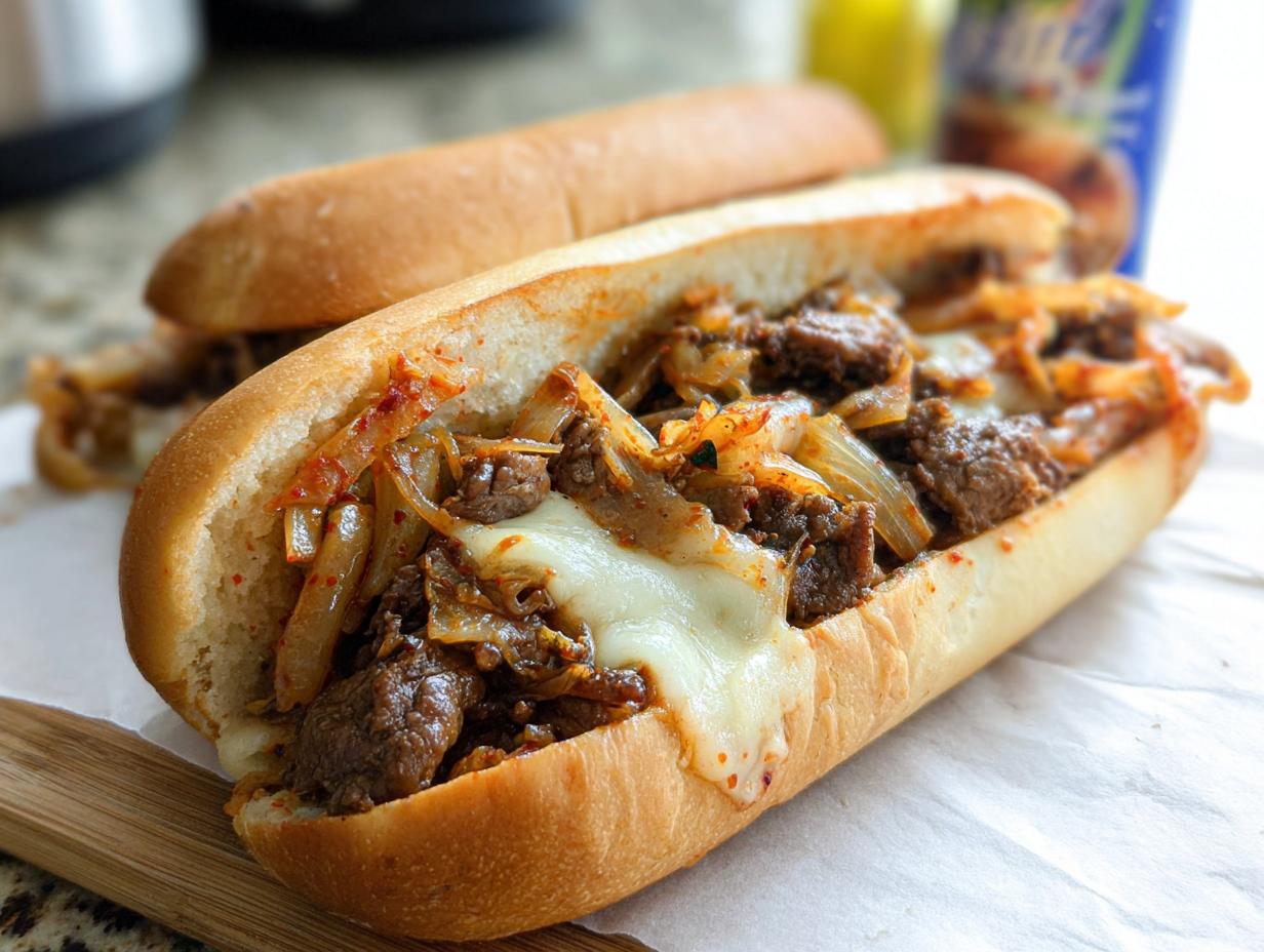 Close-up of a delicious Spicy Kimchi Bulgogi Cheesesteak sandwich overflowing with meat, kimchi, and melted cheese.