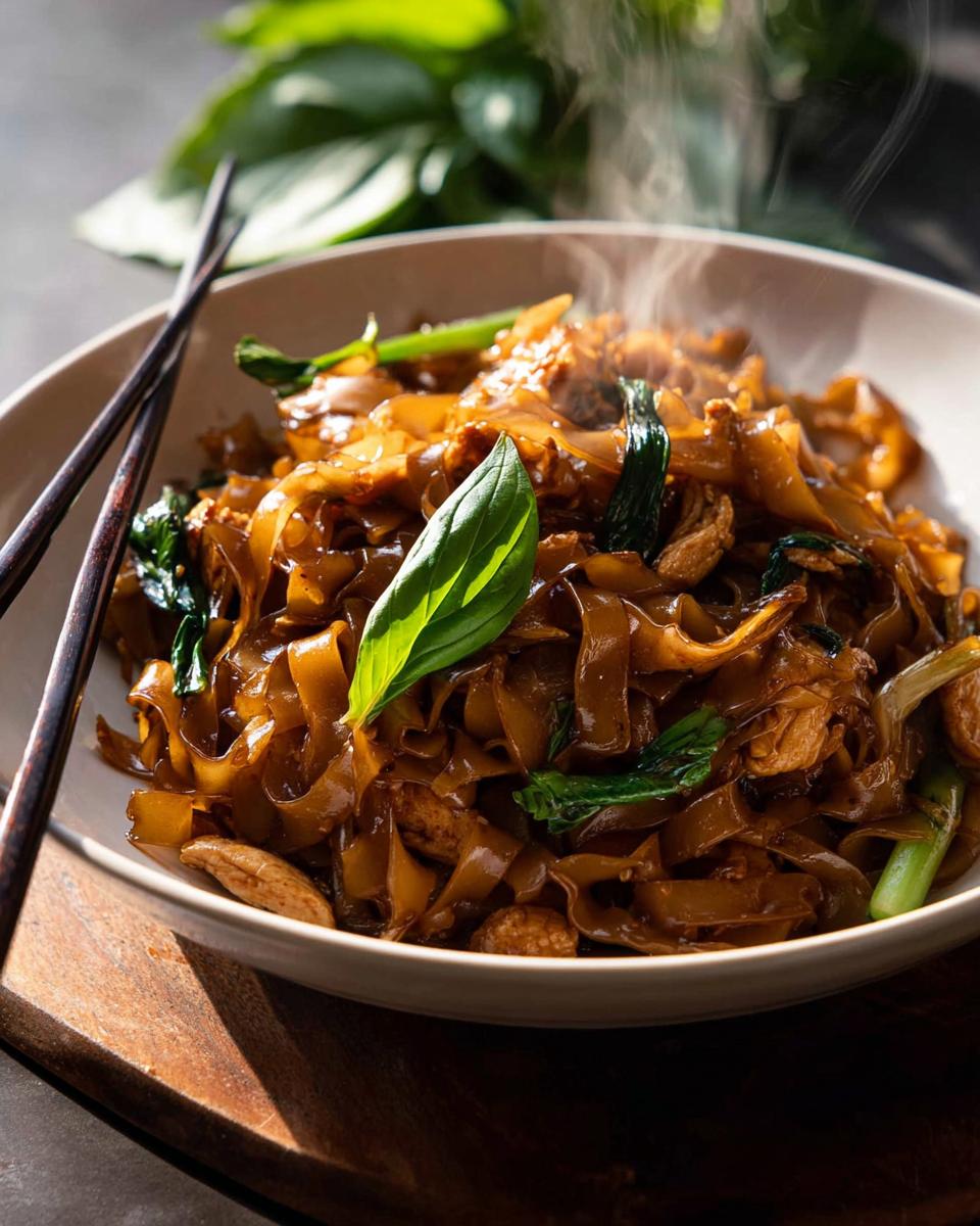 A steaming bowl of Street Style Thai Drunken Noodles, featuring wide rice noodles, chicken, and fresh basil leaves.