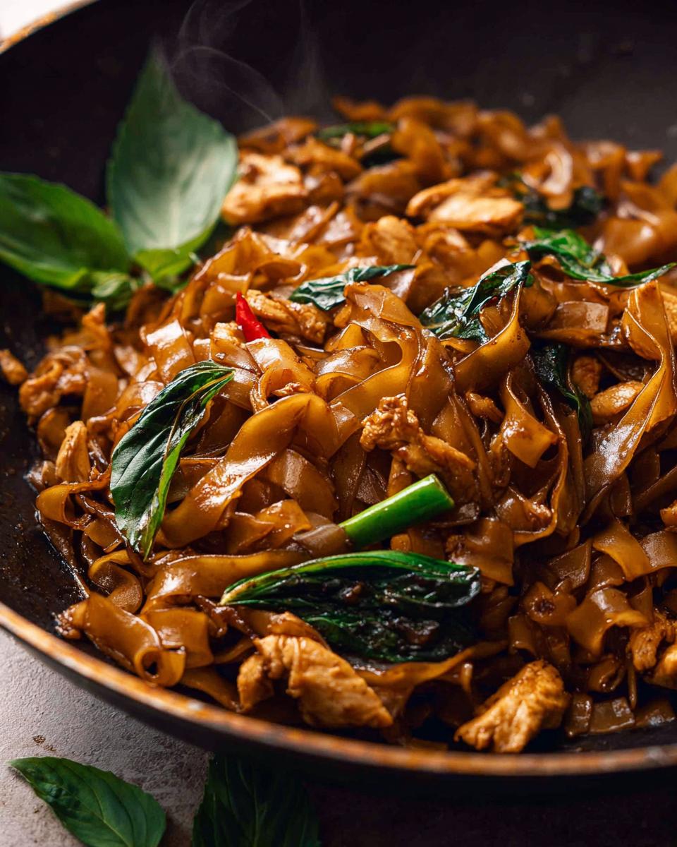 Close-up of steaming Street Style Thai Drunken Noodles with chicken, basil, and chili in a wok.