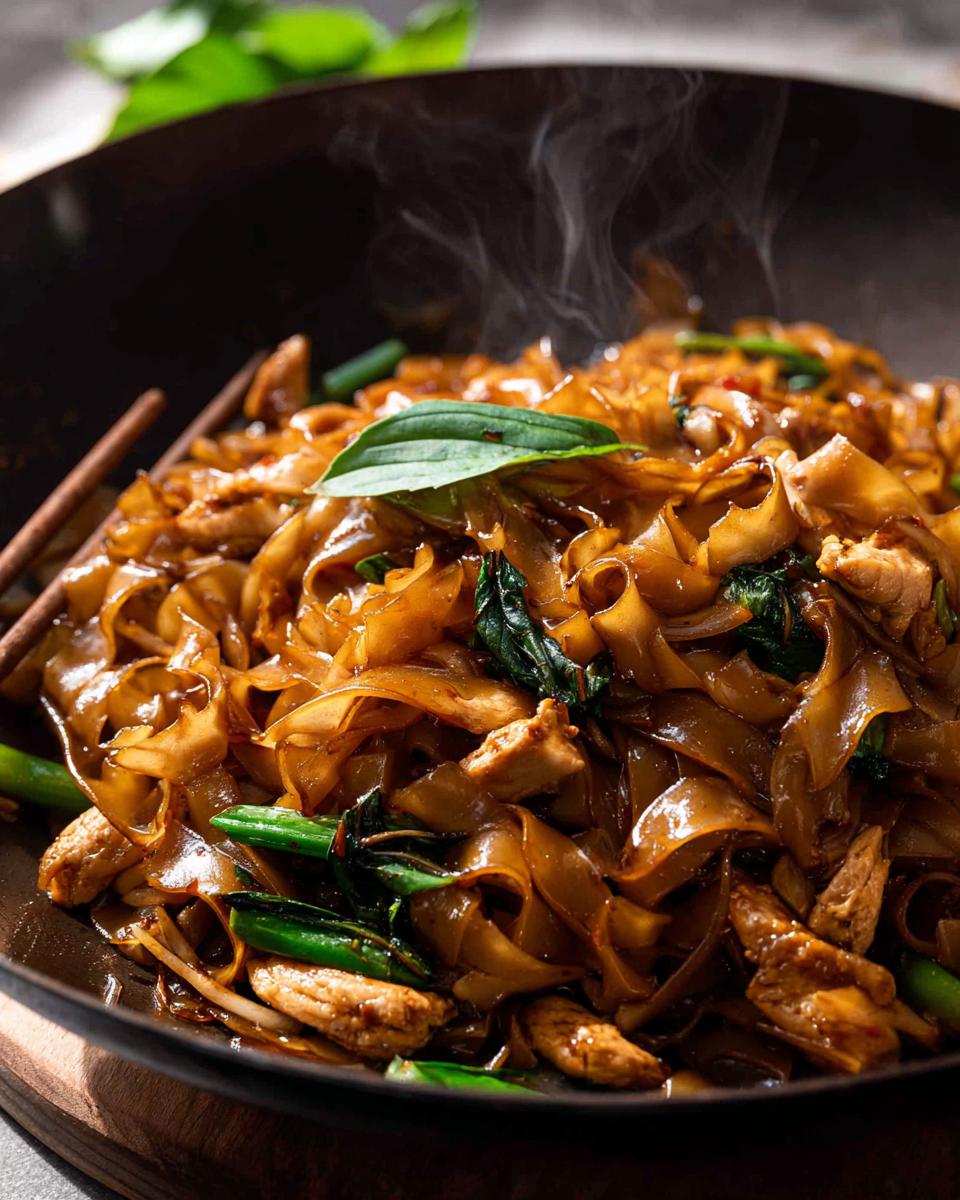 Close-up of steaming Street Style Thai Drunken Noodles with wide rice noodles, chicken, and basil.