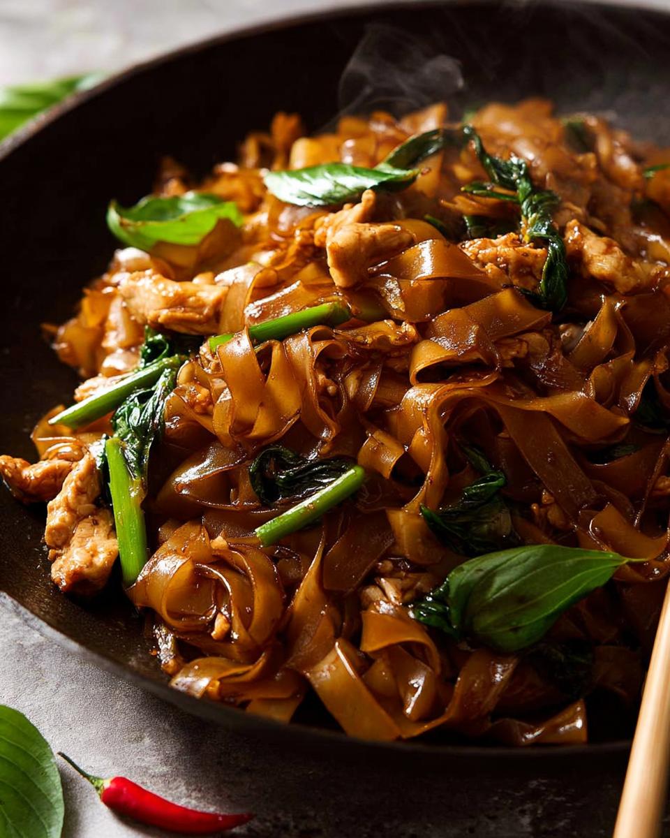 Close-up of steaming Street Style Thai Drunken Noodles with chicken, greens, and basil leaves.