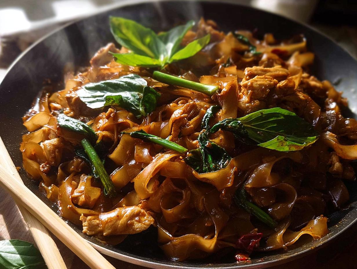 Close-up of steaming Street Style Thai Drunken Noodles with wide rice noodles, chicken, and basil in a pan.