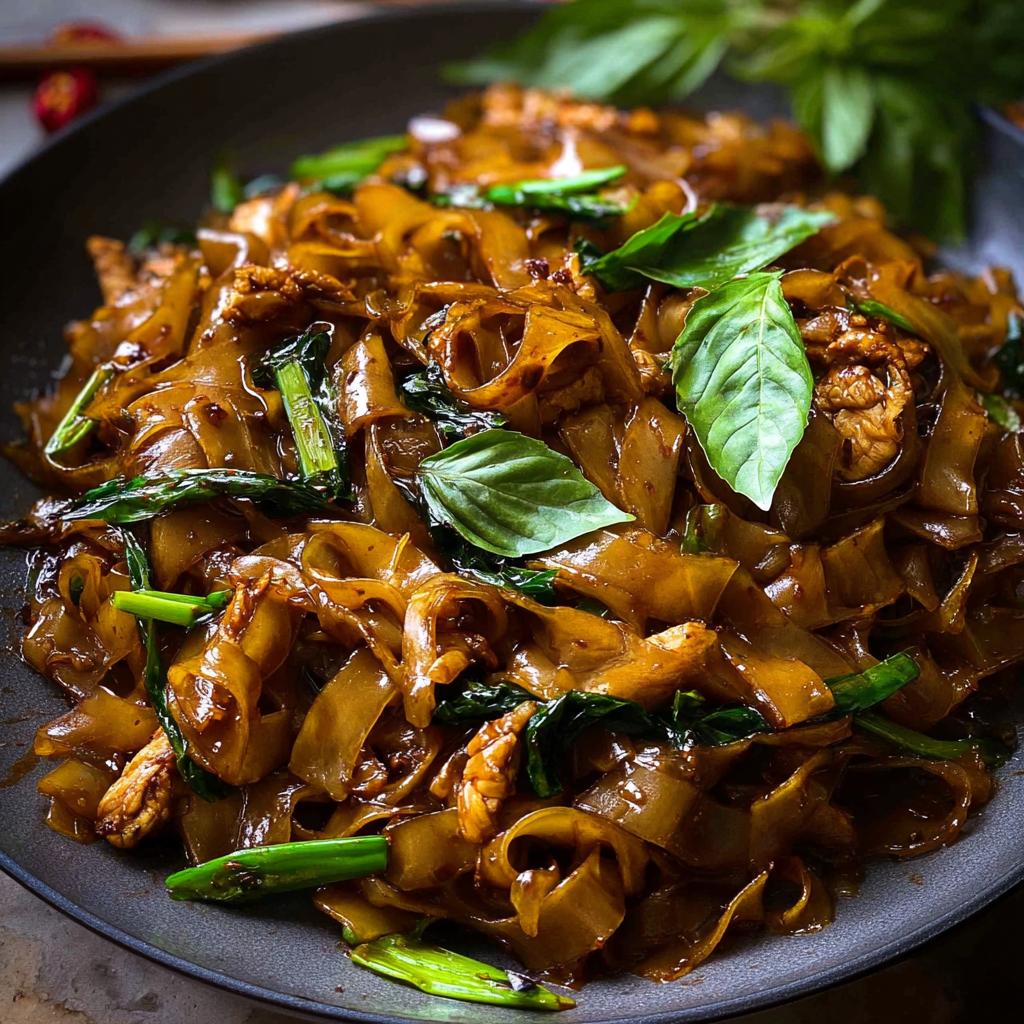 A close-up of a plate of Street Style Thai Drunken Noodles, featuring wide rice noodles, chicken, and fresh basil.