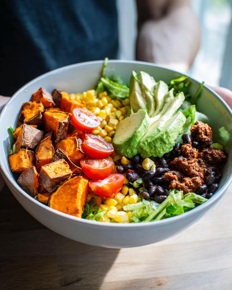 A vibrant Sweet Potato Taco Bowl filled with roasted sweet potatoes, black beans, corn, tomatoes, avocado, and lettuce.
