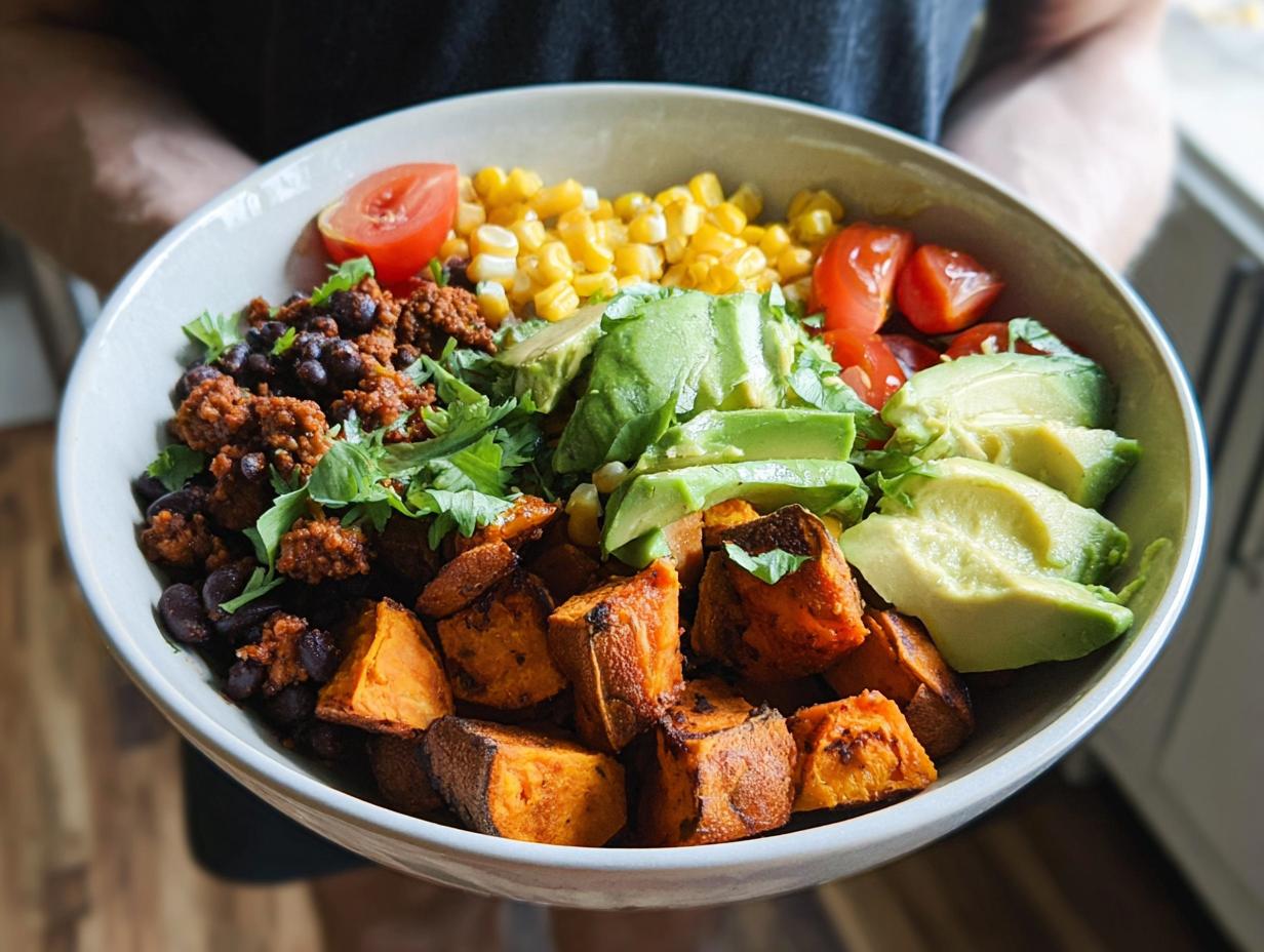 A vibrant Sweet Potato Taco Bowl filled with roasted sweet potatoes, black beans, corn, avocado, and tomatoes.
